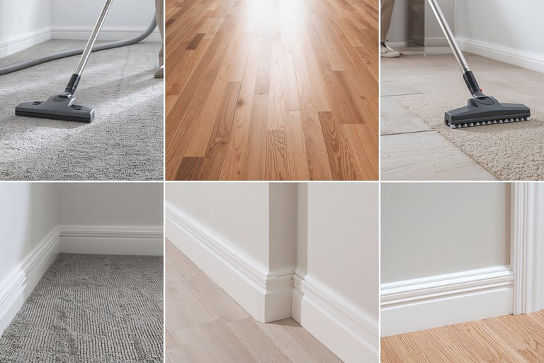 Professional vacuum cleaning on carpet, hardwood floors, and tile with clean white baseboards.