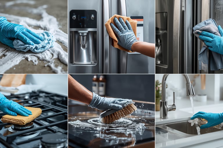 Professional kitchen cleaning service scrubbing appliances, sink, and stovetops with gloves.