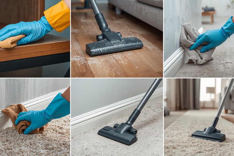 Professional house cleaning service using vacuum on carpets and wiping surfaces with microfiber cloths.