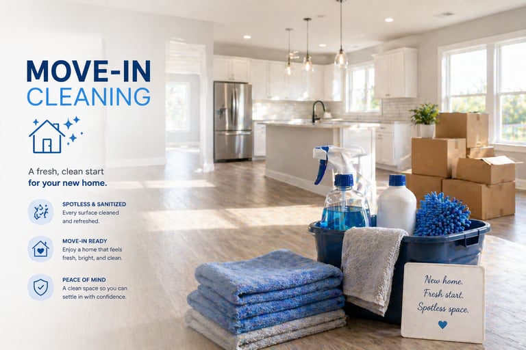 Professional move-in cleaning supplies in a bright, modern kitchen with moving boxes.