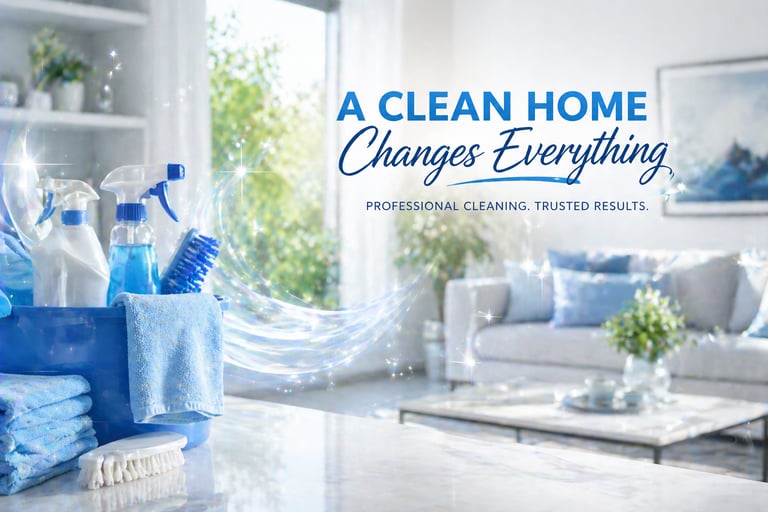 Professional home cleaning supplies in a bright, tidy living room for residential maid services.