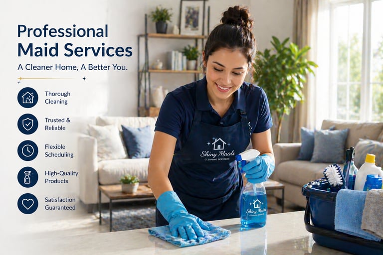 Professional maid service cleaner from Shiny Maids wiping a kitchen counter with spray and microfiber cloth.