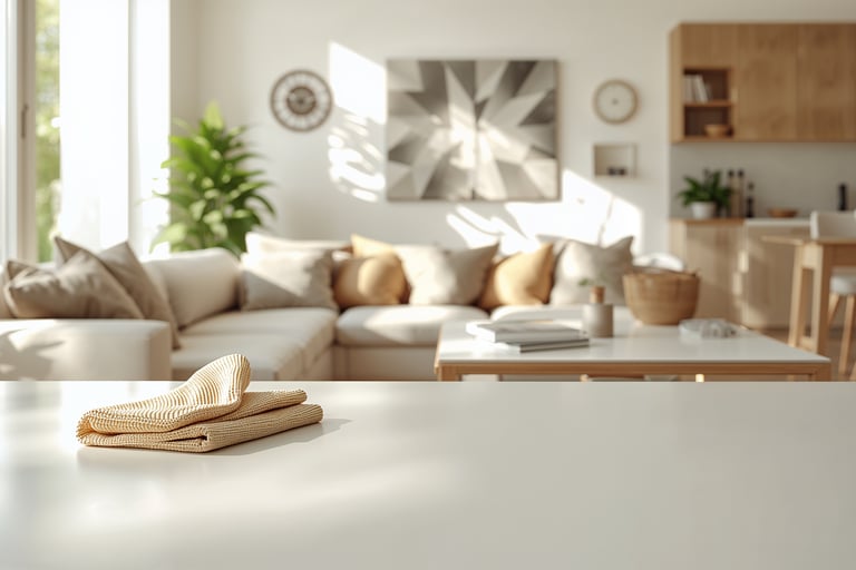 Folded tan textured napkin on a white kitchen counter with a bright modern living room in the background.