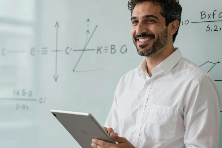 A professional Middle Eastern teacher smiling warmly, holding a tablet and standing in front of a clean glass board with math diagrams, soft lighting in a modern study room.