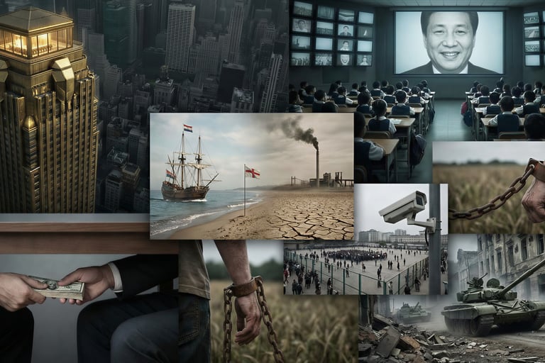 Koliažas rodantis galios koncentranciją, korupciją, vergovę, kolonializmą, karą, aplinkos degrad...