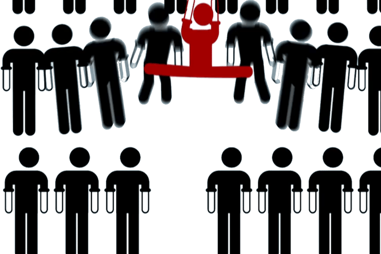 Hierarchijos žmogeliukai, kur vienas raudonas šoka laipteliu aukščiau kenkdamas kitiems