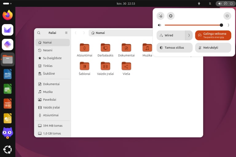 Ubuntu desktop darbalaukis, su atidaryta failų programa ir viršaus nustatymais