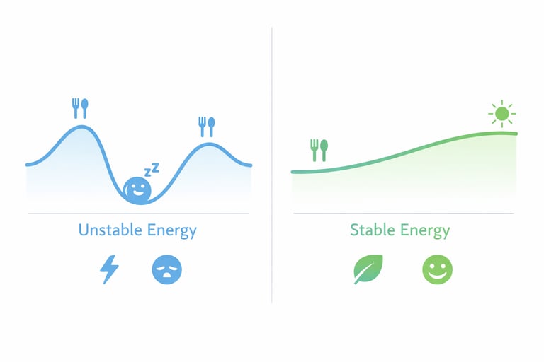 Comparison of unstable post-meal energy dip and stable steady energy pattern.