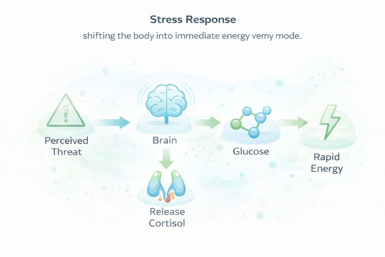 Stress response diagram showing cortisol release, rising blood glucose, and rapid energy.