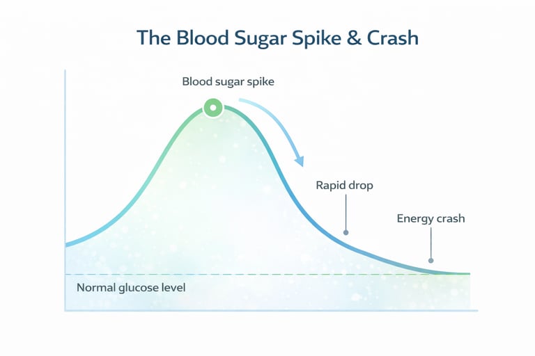 Blood sugar spike and drop after eating carbohydrates causing an energy crash.