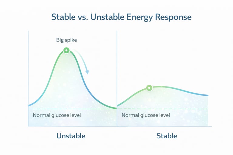 Comparison of unstable blood sugar spikes and stable energy response after meals.