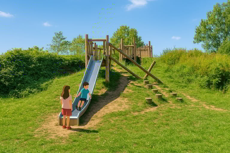 Twee kinderen op de glijbaan van het speeltuintje op de heuvel in het Schoterbos in Haarlem Noord