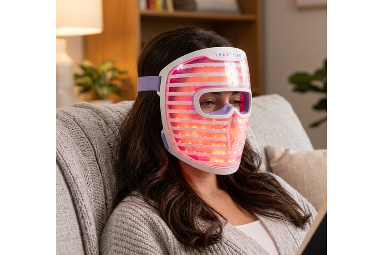 Woman relaxing on a couch while wearing a glowing red light therapy face mask.