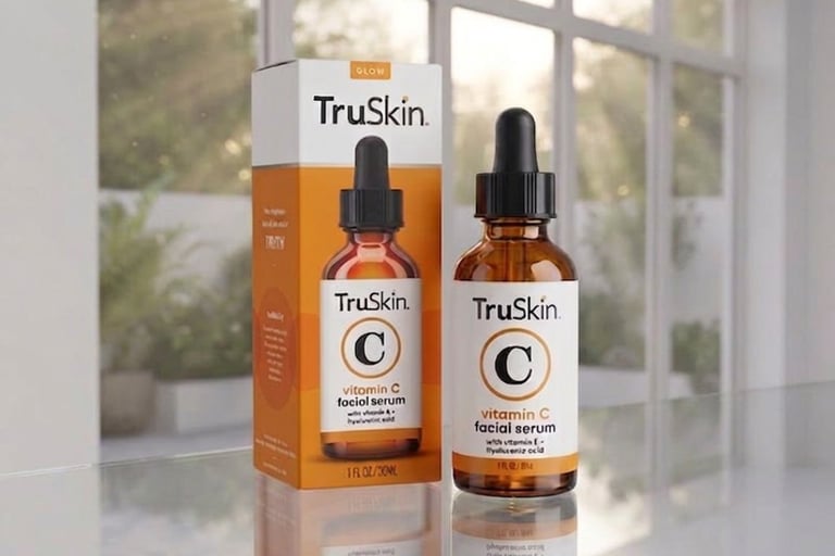 TruSkin Vitamin C Facial Serum bottles displayed on a reflective surface in soft natural light.