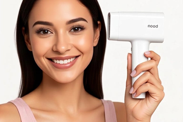 Smiling woman holding a Nood IPL hair removal device against a neutral background.