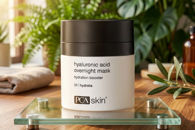 PCA Skin Hyaluronic Acid Overnight Mask jar on a glass shelf with plants and natural light