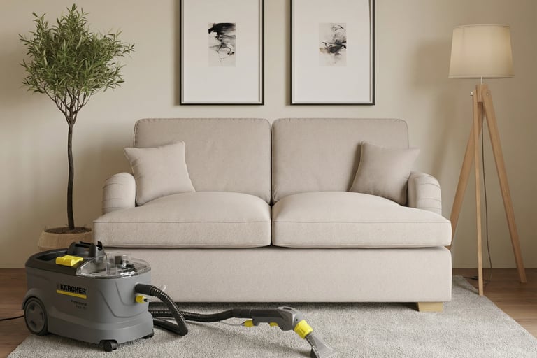 Un sofá que ha sido lavado de manera profesional por Limpiamax y ahora luce limpio y fresco. 