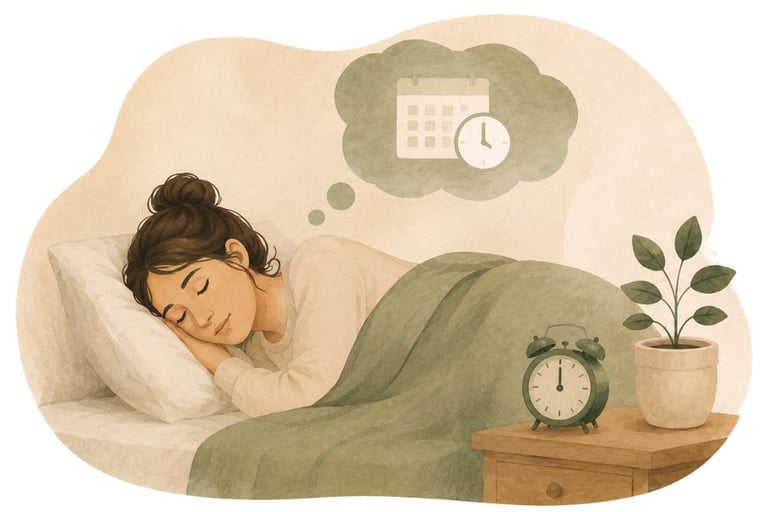 Femeie care doarme liniștită, ilustrând gestionarea gândurilor repetitive și a anxietății de seară.