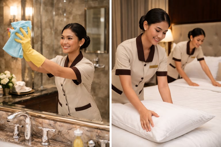 A professional hotel housekeeper cleaning a bathroom mirror and making a luxury bed with white linens.