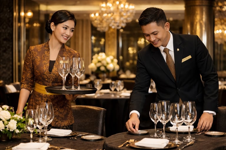 Professional rest staff setting tables in a luxury fine dining restaurant.
