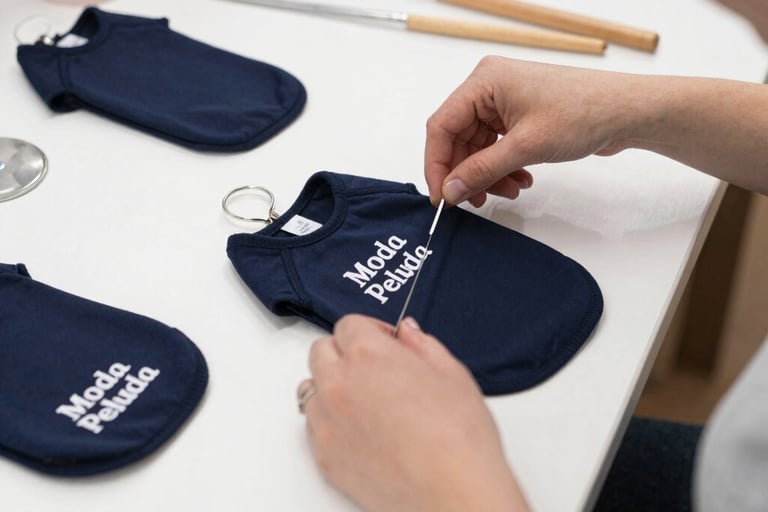 Persona cosiendo a mano una prenda con forma de camiseta para perro «Moda Peluda» de color azul