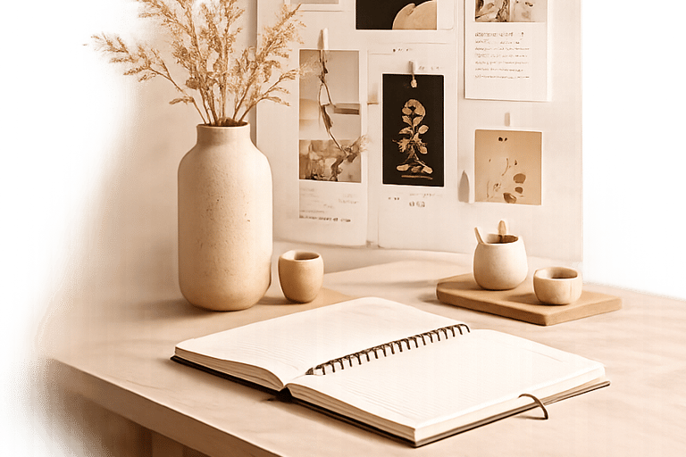Bureau créatif avec carnet et moodboard – Bea Design studio web Genève