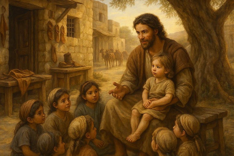 Jesus telling stories to children under a tree