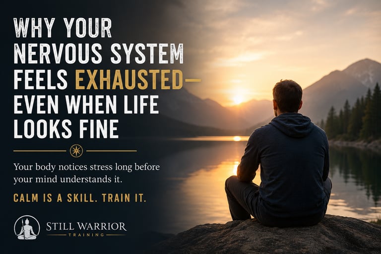 A man meditating at sunset overlooking a mountain lake, illustrating nervous system exhaustion and stress relief.