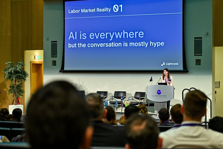 Elena Magrini presenting on AI and labour market trends at an international conference 