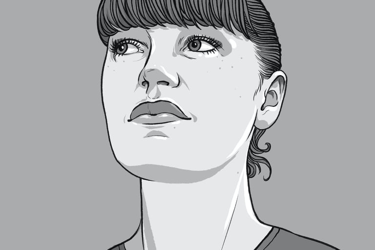 An illustrated headshot of Brid; a light-skinned woman with a fringe and a steady expression.