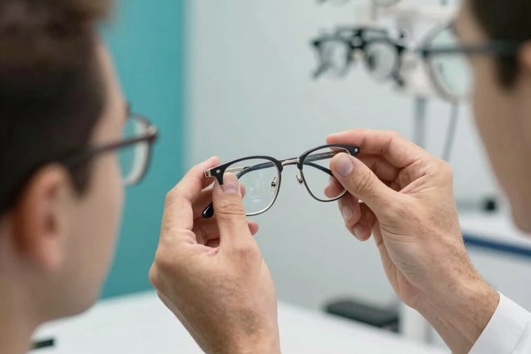 A close-up photograph of a professional optician in a clean, modern Indiana eye care clinic, carefully adjusting a pair of stylish frames for a patient. The lighting is bright and professional, featuring a palette of white and teal. North American / US / Indiana setting.