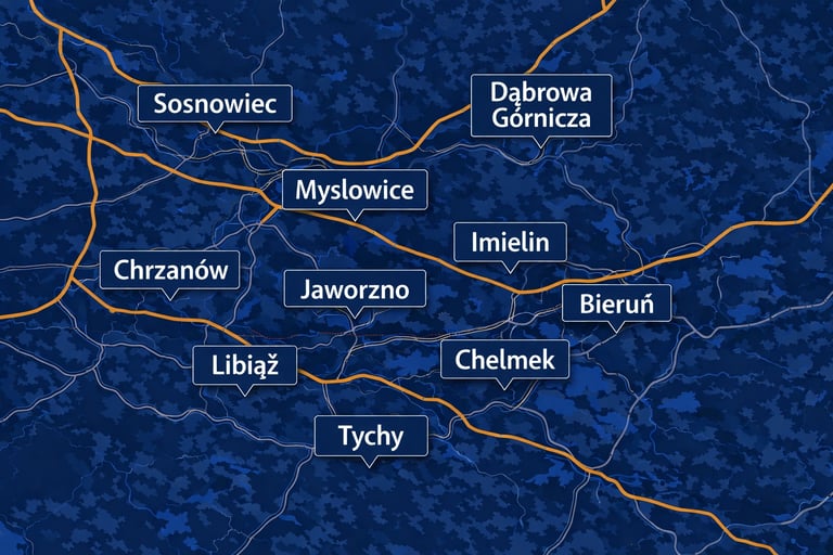 Mysłowice, Sosnowiec, Tychy, Imielin, Dąbrowa Górnicza, Bieruń, Chełmek, Libiąż, Chrzanów, Jaworzno