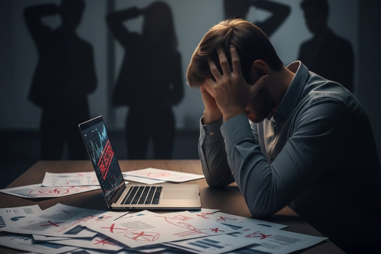 Frustrated startup founder with a messy, rejected pitch deck showing common mistakes that cause inve