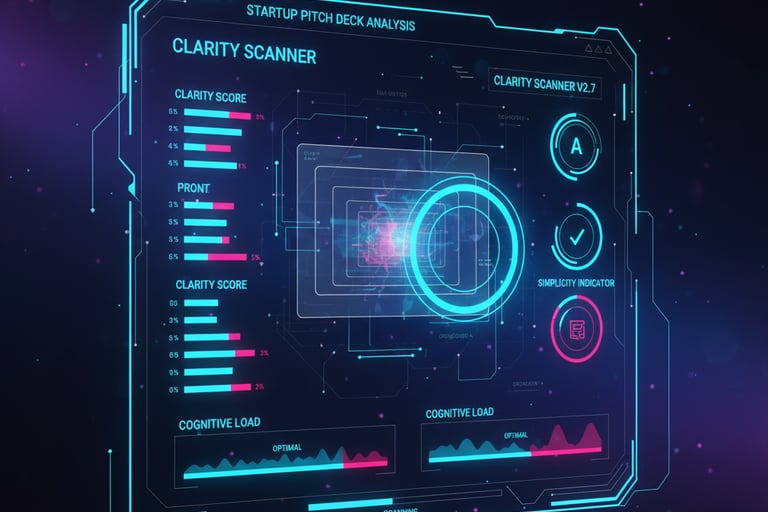 Holographic clarity scanner analyzing a pitch deck’s simplicity, coherence, and cognitive load