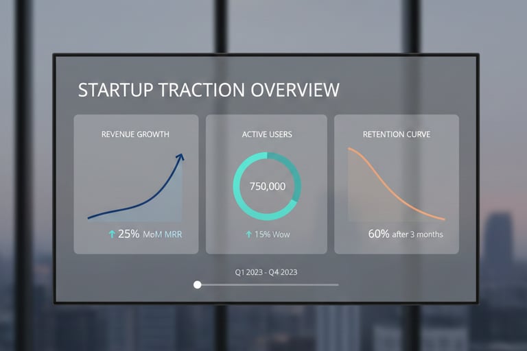 Minimalist dashboard showing startup traction metrics like growth, retention, and user activity.