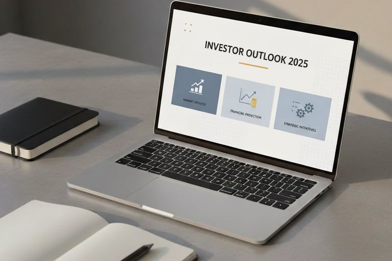 Modern pitch deck design example on a laptop showcasing clean layout, strong visual hierarchy, and p