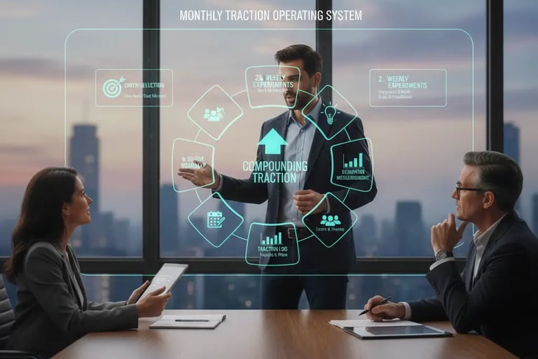 Monthly traction operating system visual showing how founders build predictable traction loops.