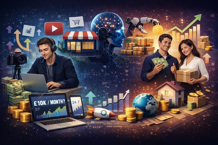 Digital illustration of entrepreneurs making money online using AI, e-commerce, and dropshipping.