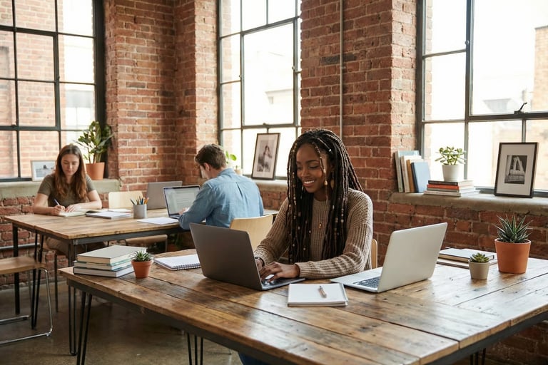 a woman sitting at a table with a laptop and a man in a suit