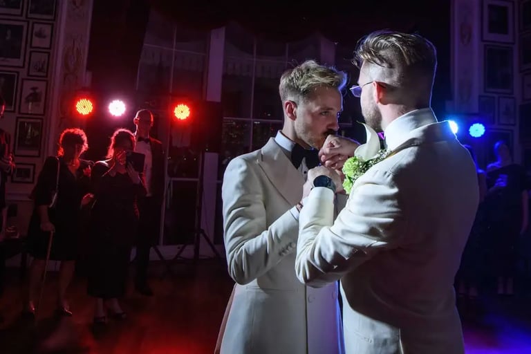LGBTQ+ wedding couple have their first dance at The Trafalgar Tavern Greenwich