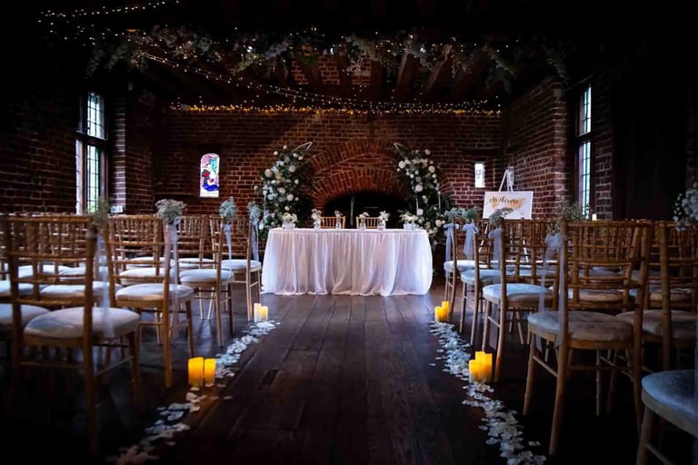 Indoor rustic wedding ceremony venue with brick walls, wooden chairs, floral arches, and candlelit aisle.