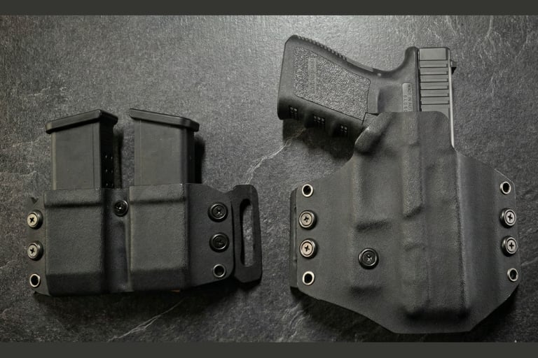 Black Kydex OWB holster with a Glock handgun and a matching double magazine carrier on a dark surface.