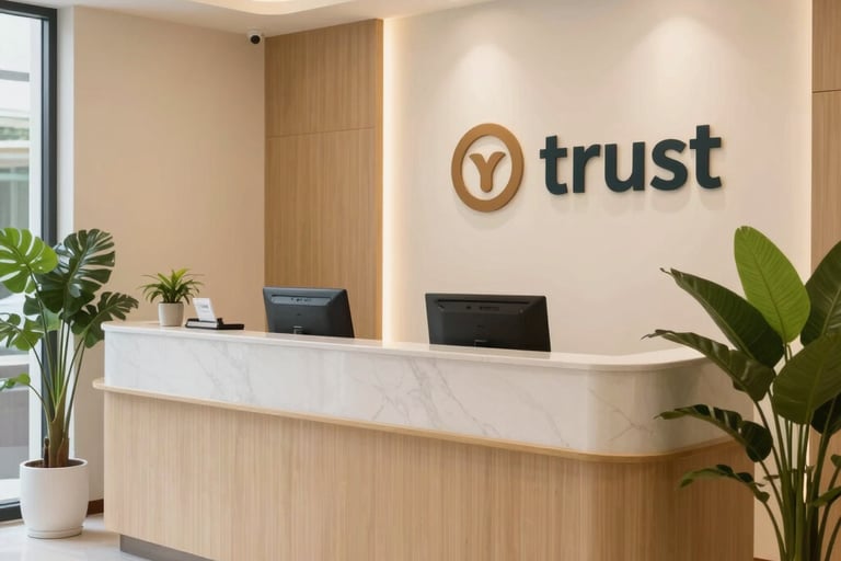 A bright photography shot of a modern, warm clinic interior in Indonesia with a clean reception desk, soft green plants, and professional signage, emphasizing trust and cleanliness.