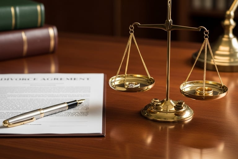 Balança da justiça sobre documentos representando divórcio e dissolução de união estável