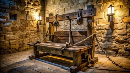 Medieval wooden torture rack with ropes and pulleys in a dimly lit stone dungeon chamber.