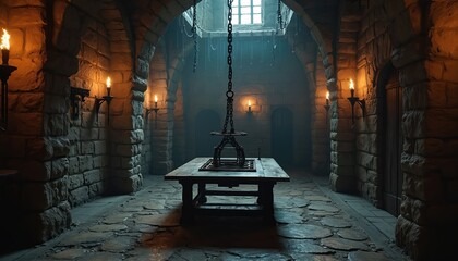 Dark medieval castle dungeon with stone arches, torches, and a central wooden interrogation table.