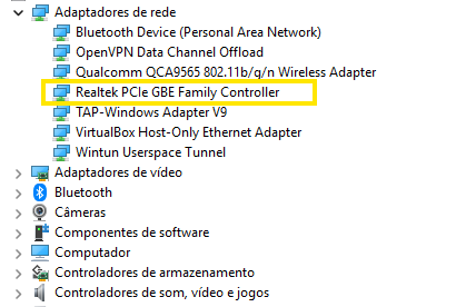 Gerenciador de dispositivos, atualização placa de rede