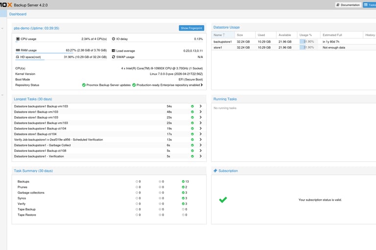 Interface web de gerenciamento do Proxmox Backup Server (PBS)