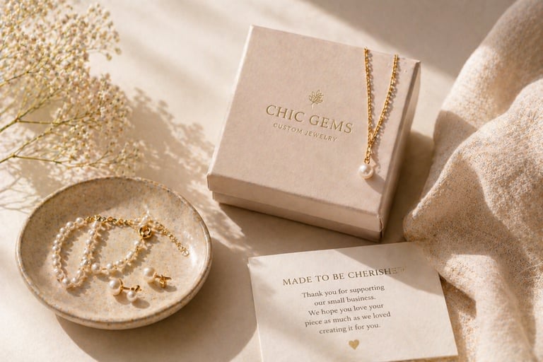 Elegant gold pearl necklace and matching earrings set in a custom Chic Gems jewelry gift box.