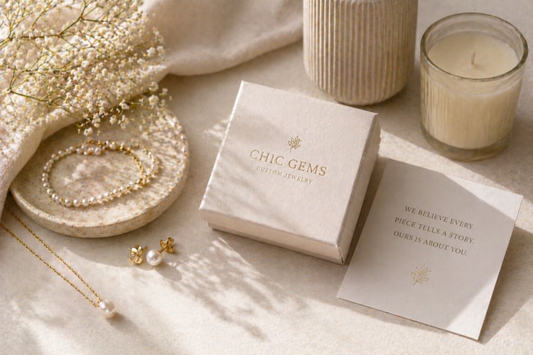 Elegant custom jewelry gift box with pearl necklace, earrings, and bracelet on a neutral aesthetic display.